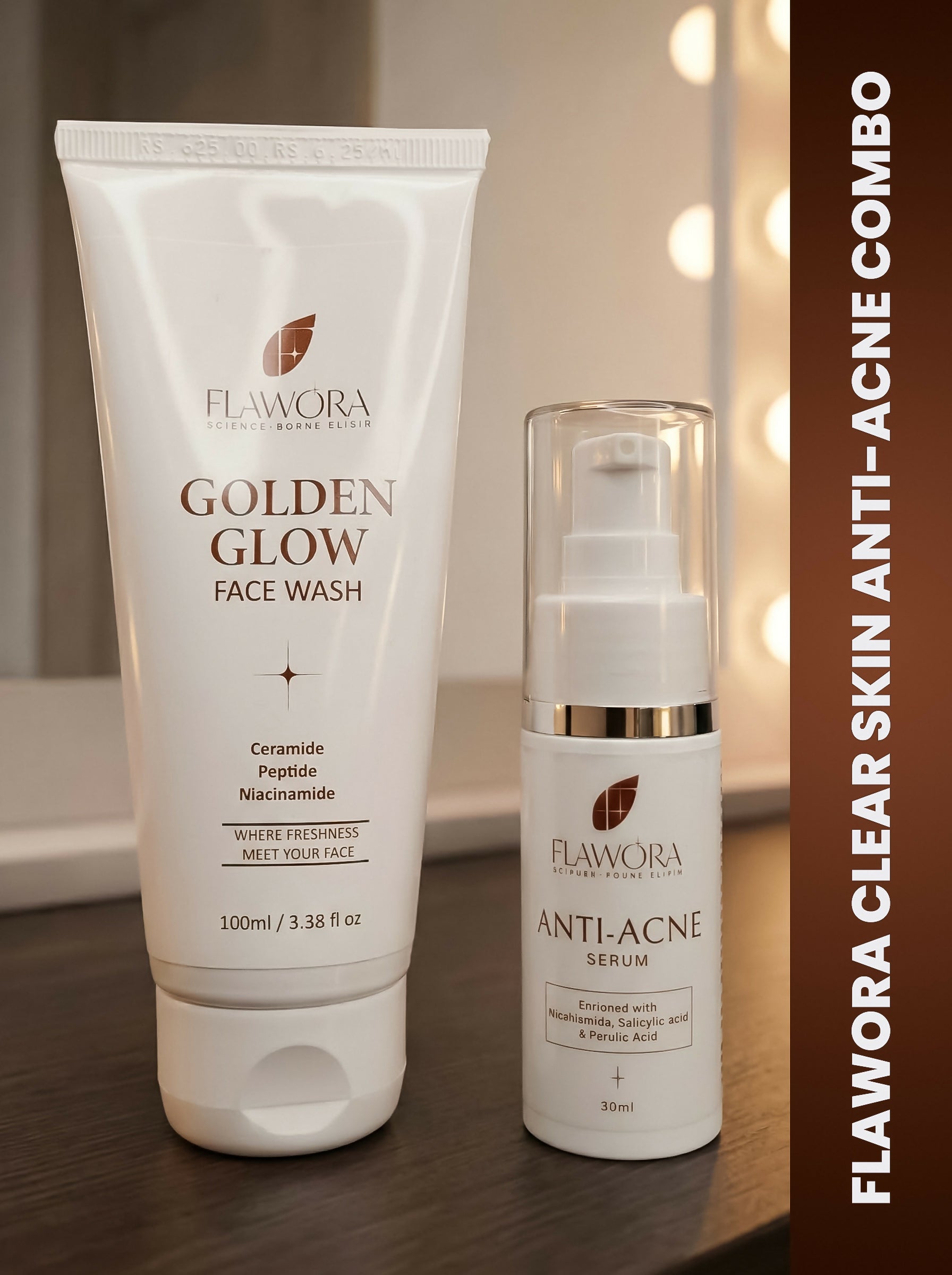 Flawora Set of Golden Glow Face Wash and Anti Acne Serum - Dista