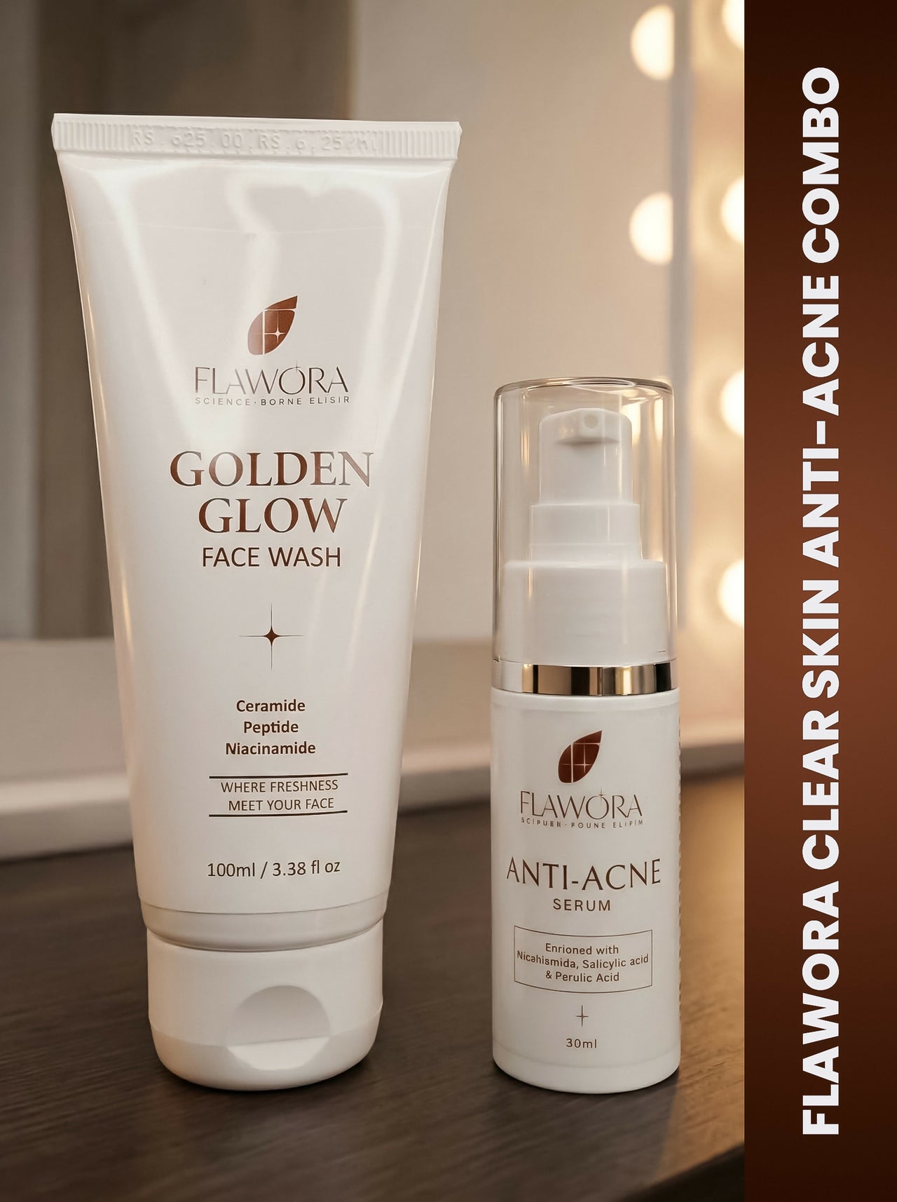Flawora Set of Golden Glow Face Wash and Anti Acne Serum - Dista