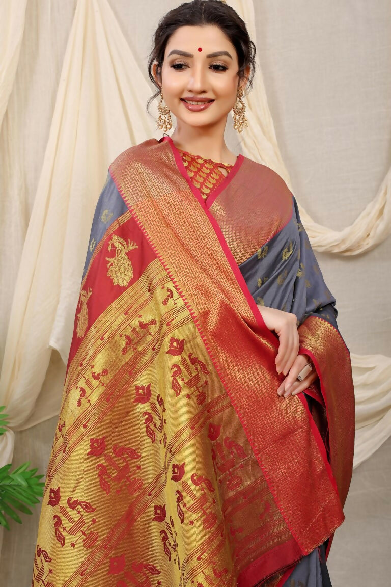 Jyoti Fashion Women's Grey Banarasi Silk Zari Woven Saree with Blouse - Distacart