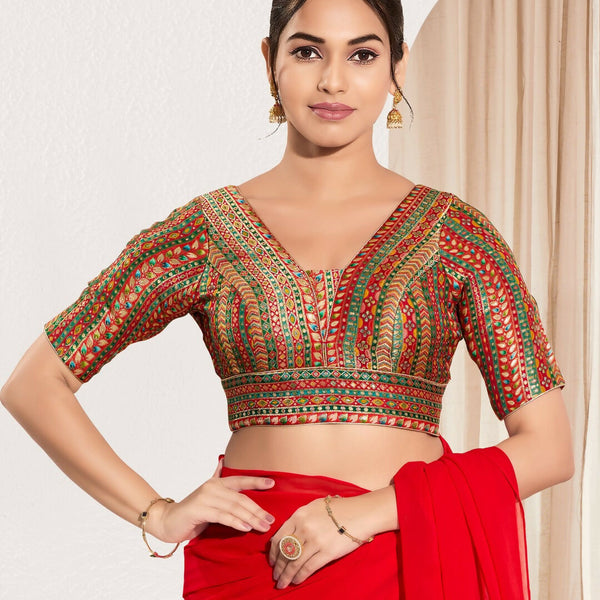Joban Fashion Red Multi Brocade Padded Blouse With V Neck Elbow Sleeves