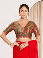 Thumbnail for Joban Fashion Red Multi Brocade Padded Blouse With V Neck Elbow Sleeves