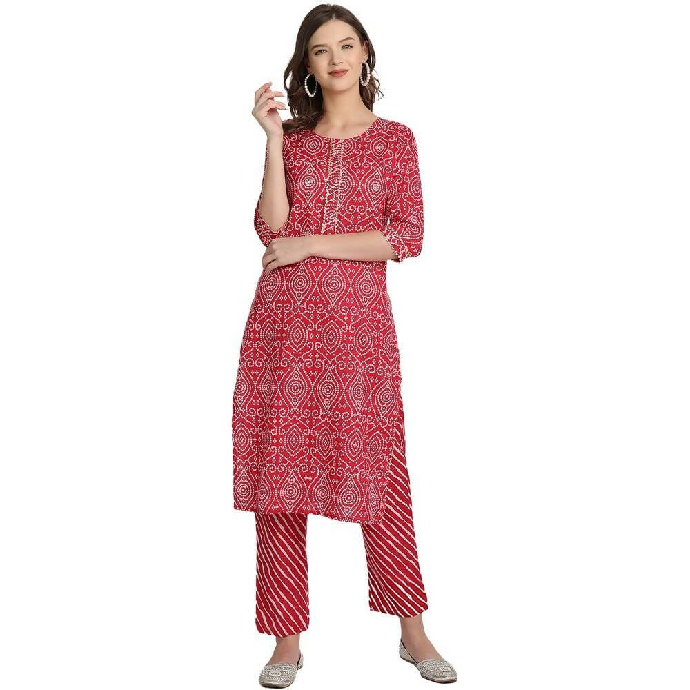 Anubhutee Women Bandhani Printed Red Kurta with Trousers - Distacart