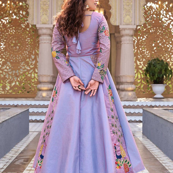 Teeya Creation Womens New Simply Wear Embroidery Sequence With Thread Work Lavender Gown Set - Dista
