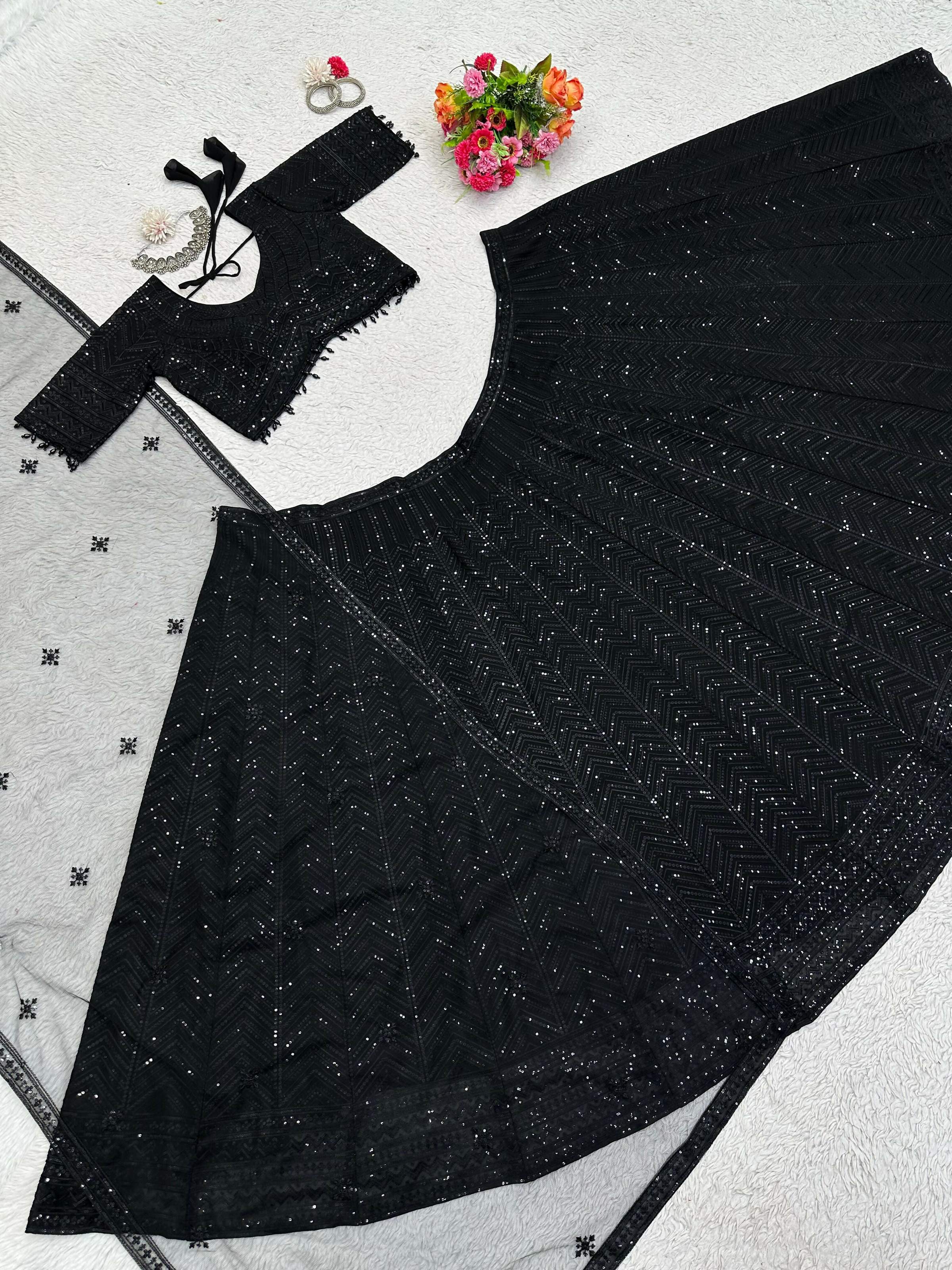 Preksha Creation Black Foux Gorgette With Thread With Sequnce Women Lehanga Choli - Distacart