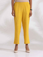 Thumbnail for trueBrowns Yellow Cotton Slub Embroidered Straight Kurta Set