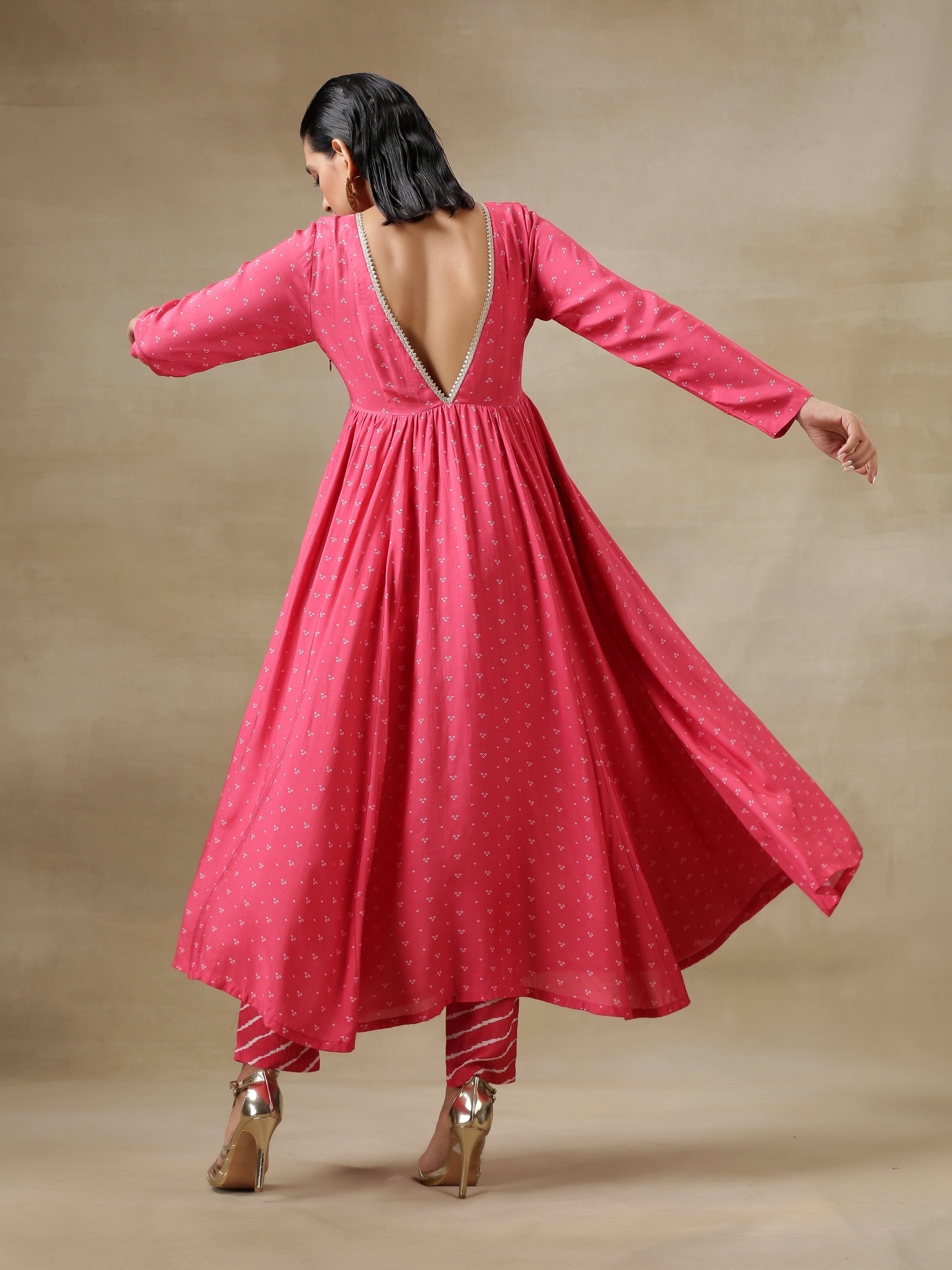 trueBrowns Pink Bandhani Printed Silk Anarkali Kurta Pant Dupatta Set - Distacart