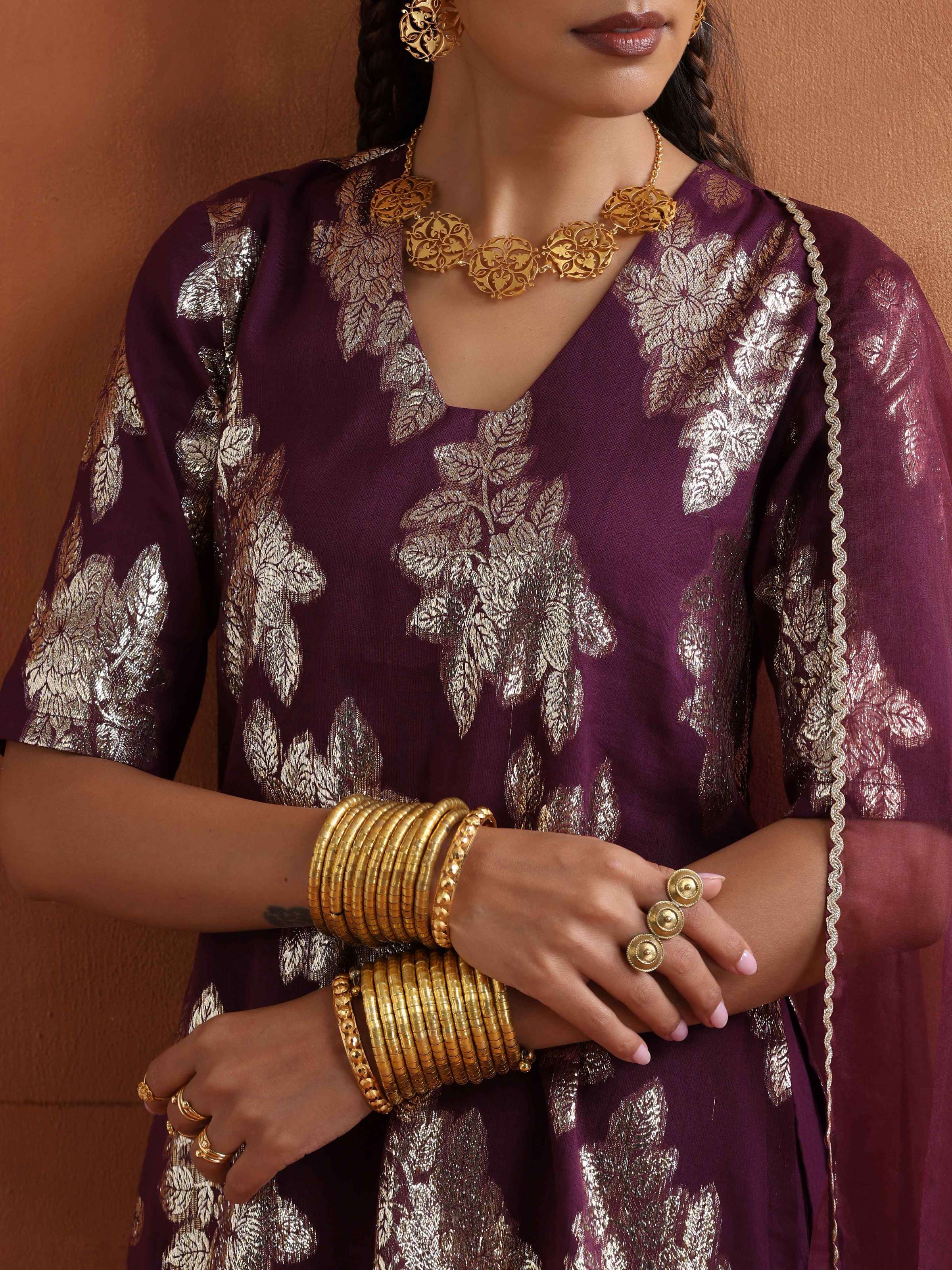 trueBrowns Purple Metallic Sharara Dupatta Set