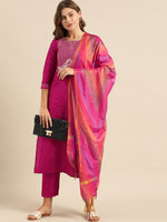 Thumbnail for Varanga Magenta Zari And Gota Patti Embroidery Kurta With Trouser With Multi Color Silk Dupatta - Distacart