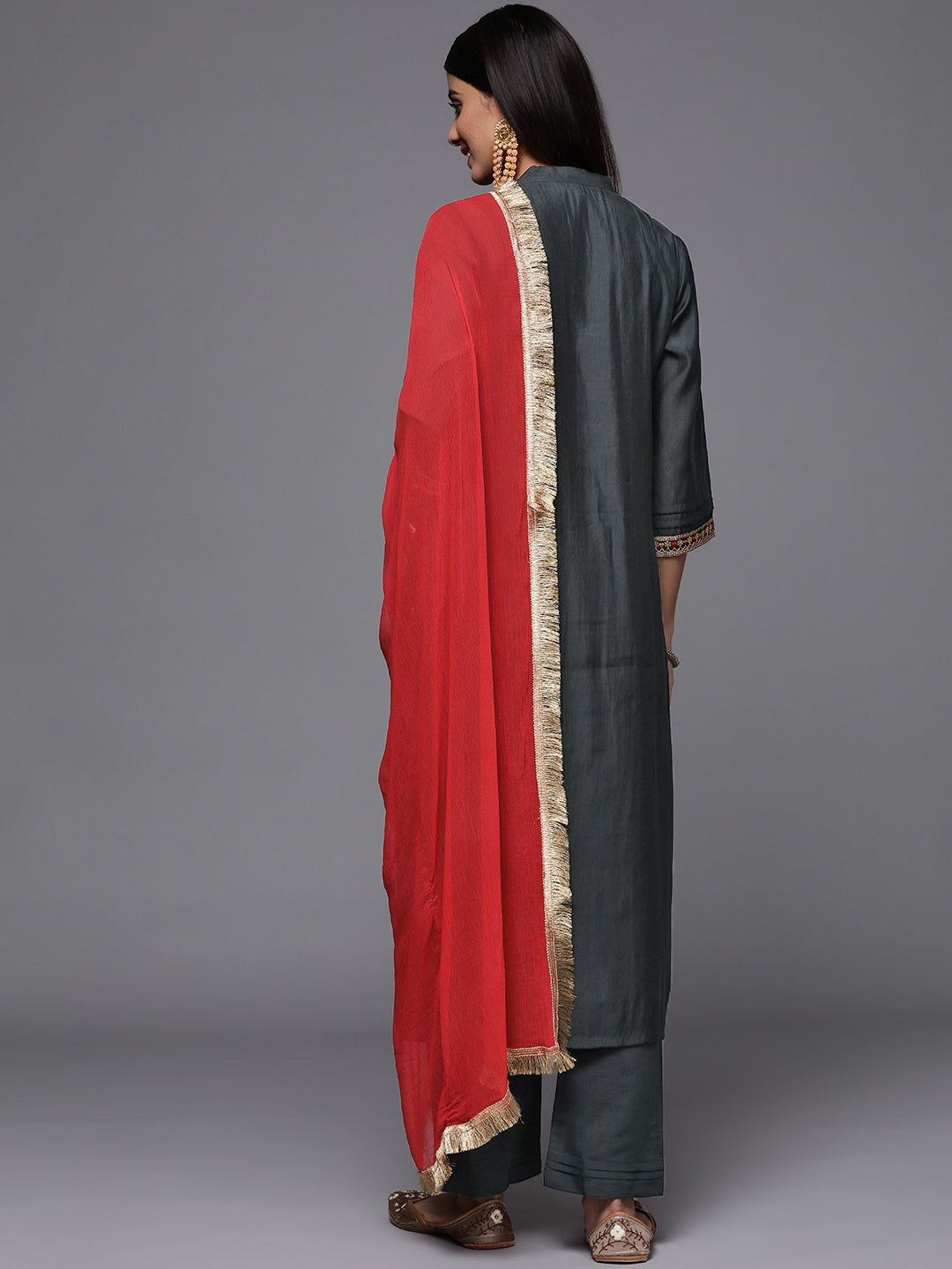 Varanga Grey Embroidered Kurta Paired With Tonal Bottom And Contrast Dupatta - Distacart