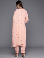 Thumbnail for Varanga Women Peach Thread And Sequins Embroidered Kurta With Tonal Bottom And Dupatta - Distacart