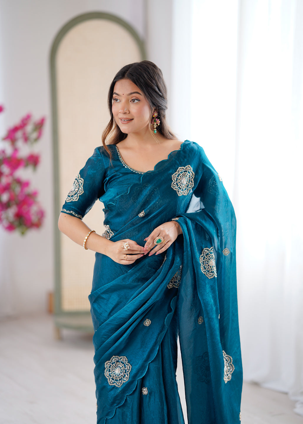 Evanik Designer Heavy Fendy Satin With Beads Embroidered Work Saree With Unstitched Blouse