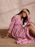 Thumbnail for trueBrowns Pink Overall Floral Block Print Cotton Wrap Dress - Distacart