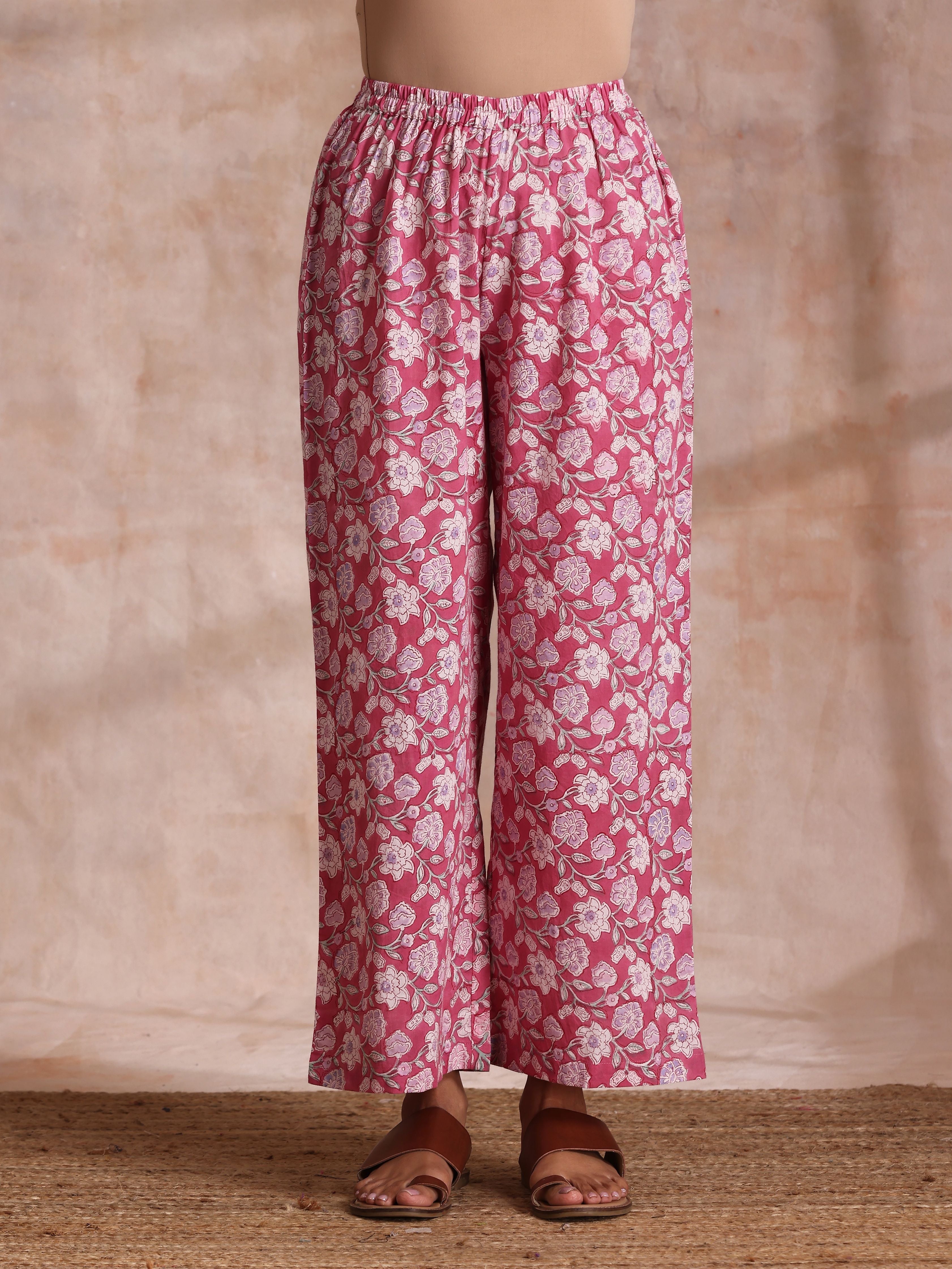 trueBrowns Pink Green Floral On White Block Print Cotton Slit Kurta Pant Set | Relove
