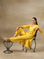 Thumbnail for trueBrowns Yellow Textured Silk High Slit Gathered Kurta Set - Distacart
