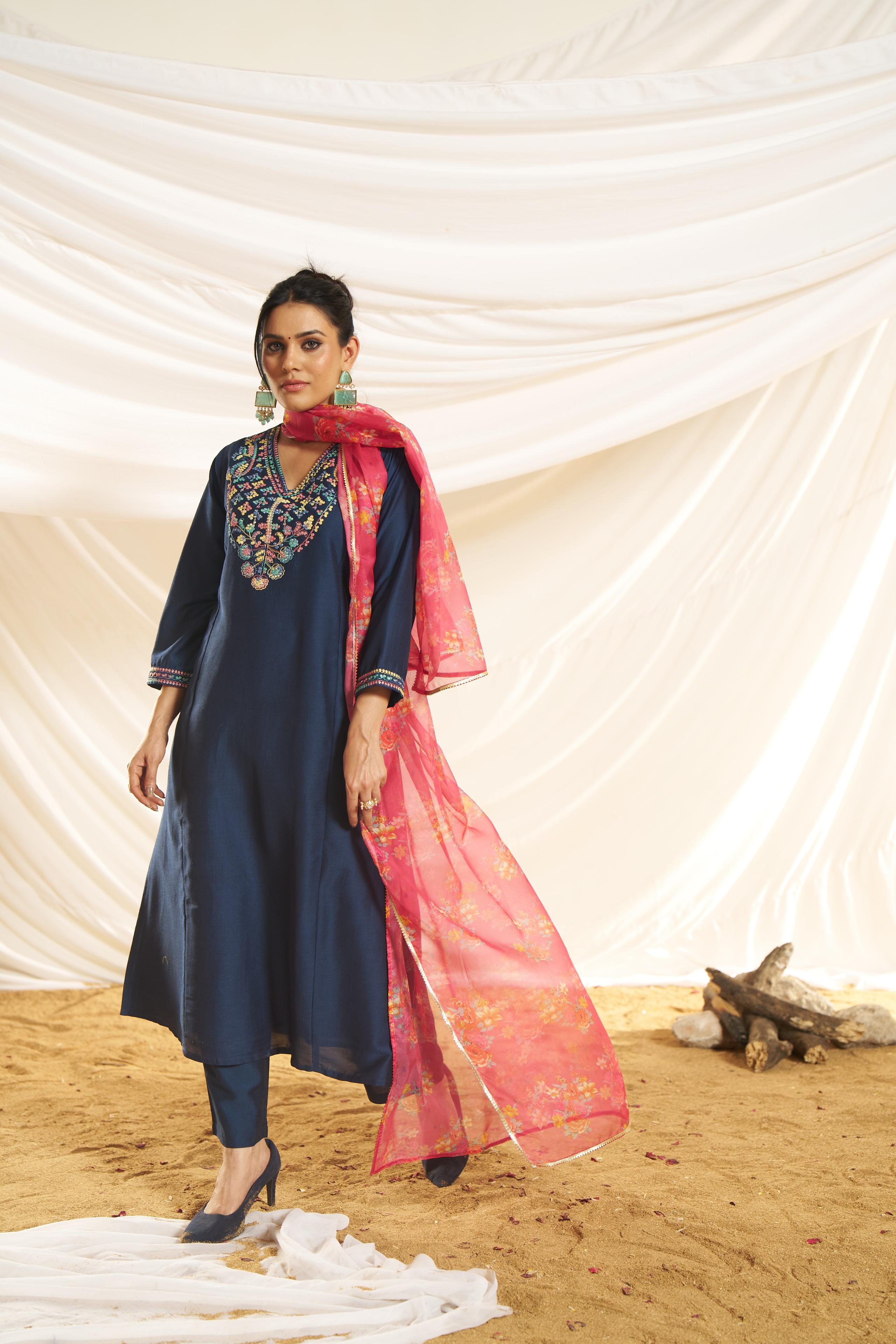 BulBul Women Navy Embellished Premium Silk Straight Suit With Dupatta