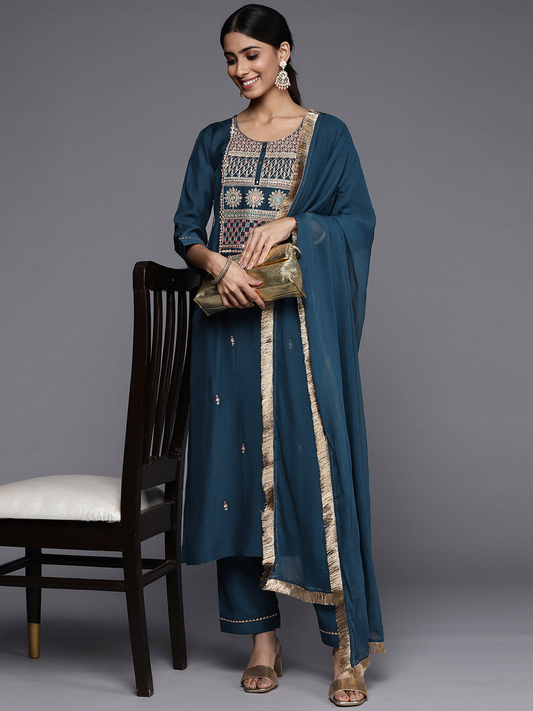 Varanga Blue Embroidered Kurta Paired With Tonal Bottom And Plain Dupatta - Distacart