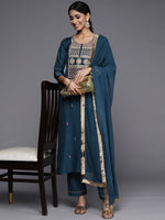Thumbnail for Varanga Blue Embroidered Kurta Paired With Tonal Bottom And Plain Dupatta - Distacart
