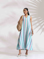 Thumbnail for trueBrowns Green Cotton Multi Stripe Flared Dress