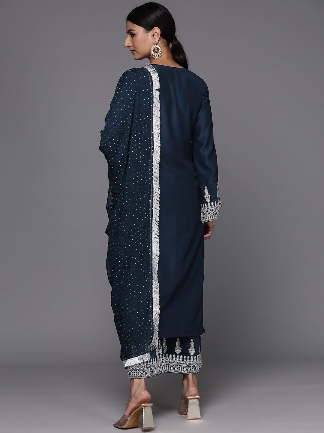 Varanga Women Navy Blue Embroidered Straight Kurta Paired With Tonal Bottom And Dotted Dupatta With Four Sided Fringes - Distacart