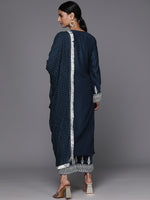 Thumbnail for Varanga Women Navy Blue Embroidered Straight Kurta Paired With Tonal Bottom And Dotted Dupatta With Four Sided Fringes - Distacart