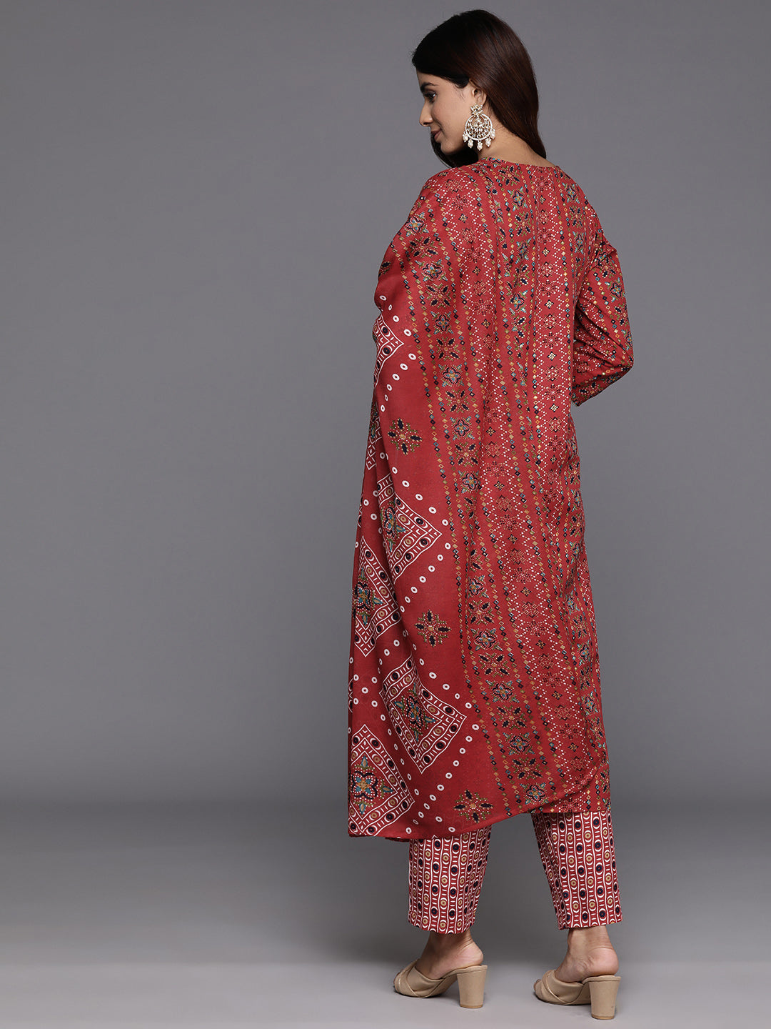 Varanga Women Red Printed V-Neck Embroidered Kurta With Bottom And Dupatta - Distacart