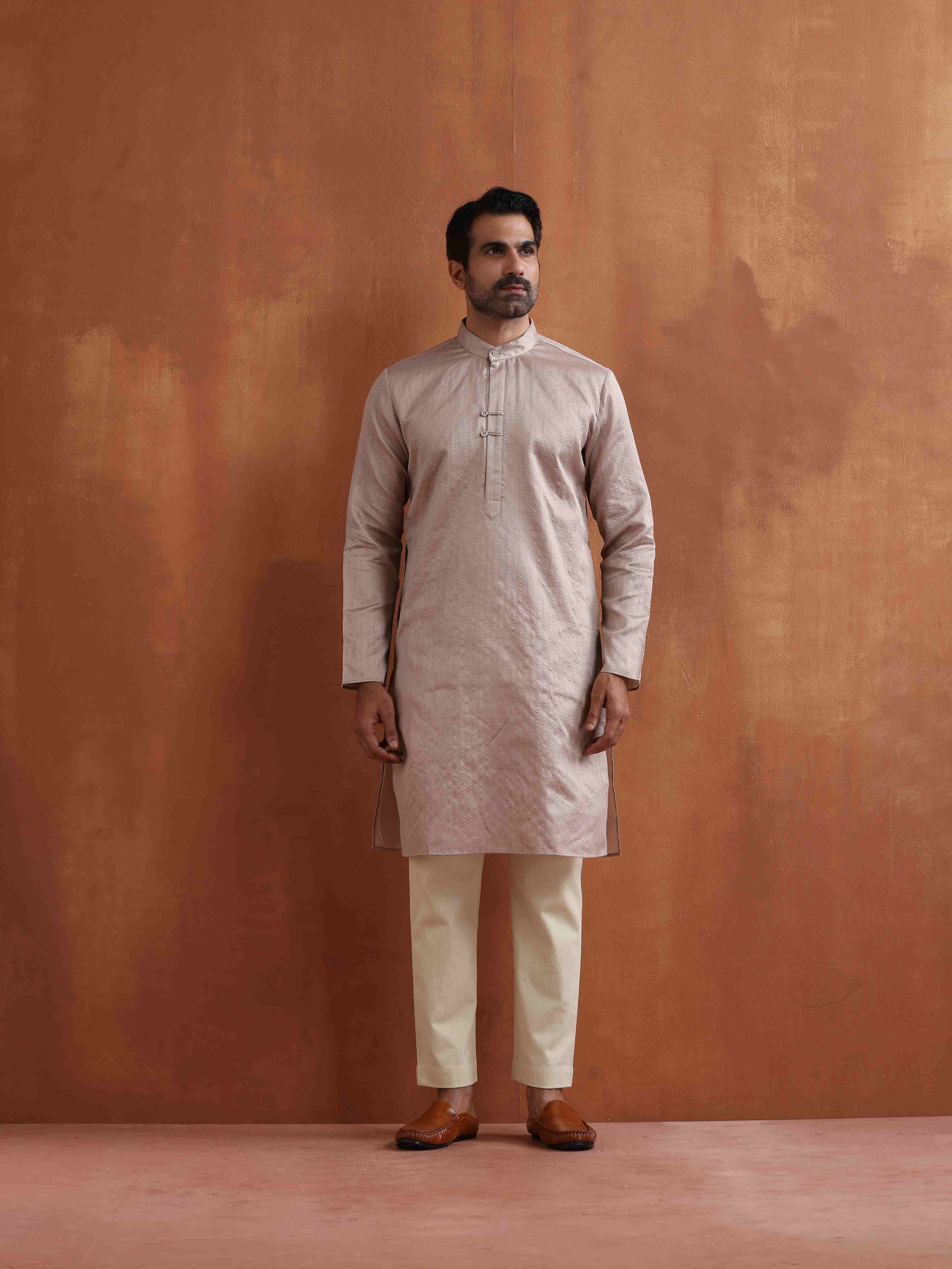 trueBrowns Men's Beige Sequin Chanderi Kurta