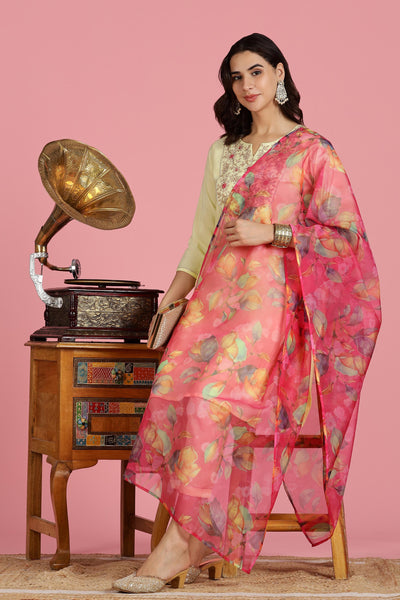 BulBul Women’s Butter Yellow Embroidered Chanderi Kurta Set with Dupatta