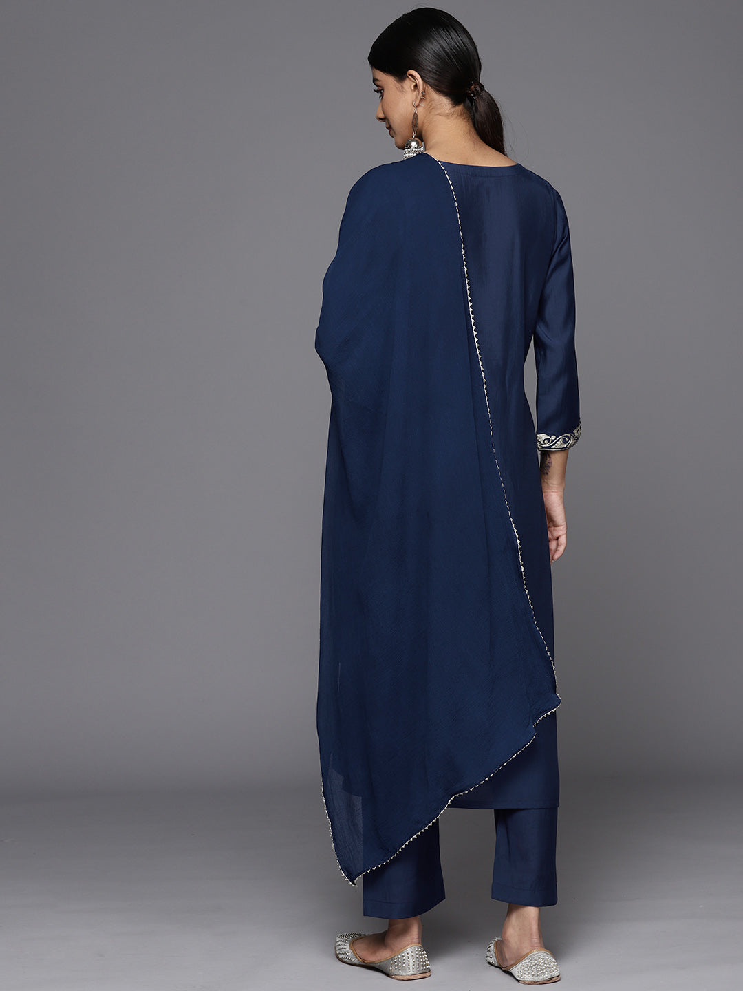 Varanga Women Navy Blue Placement Design Zari Embroidered Kurta Paired With Tonal Bottom And Tonal Chiffon Dupatta