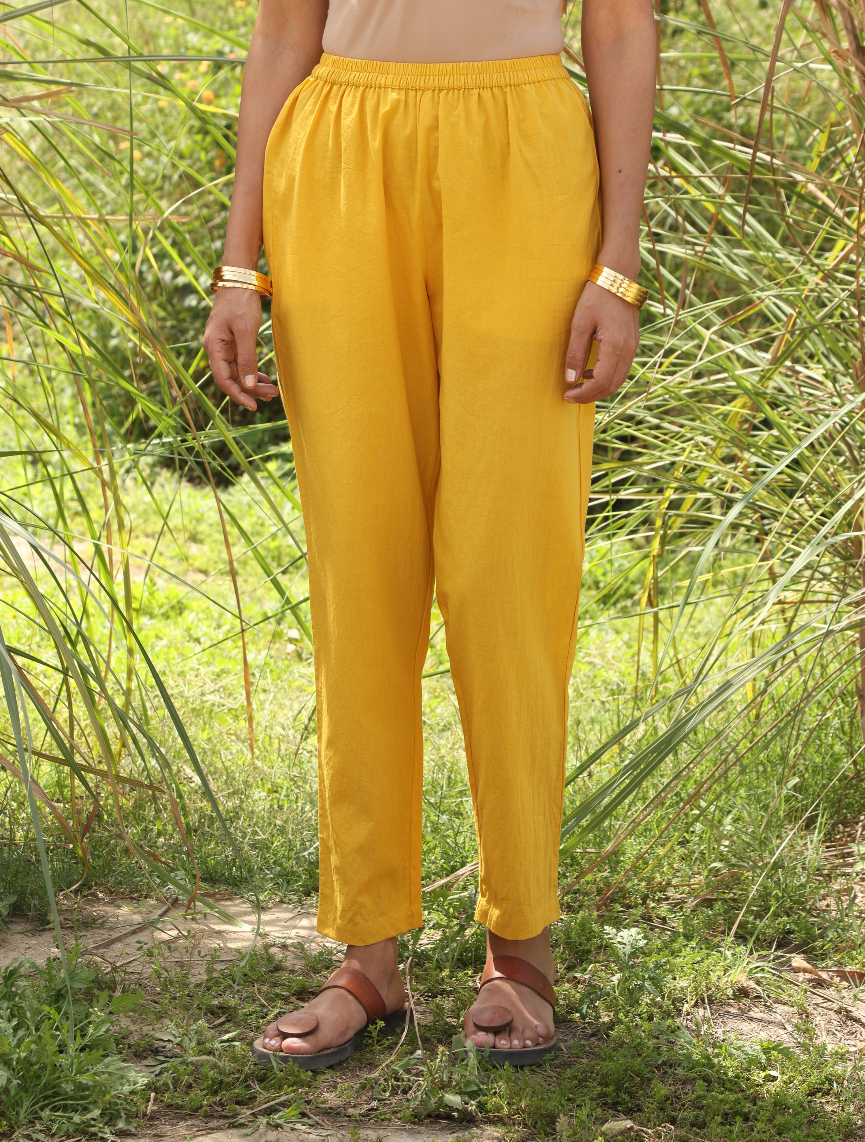 trueBrowns Mustard Cotton Embroidered Flared Kurta Set
