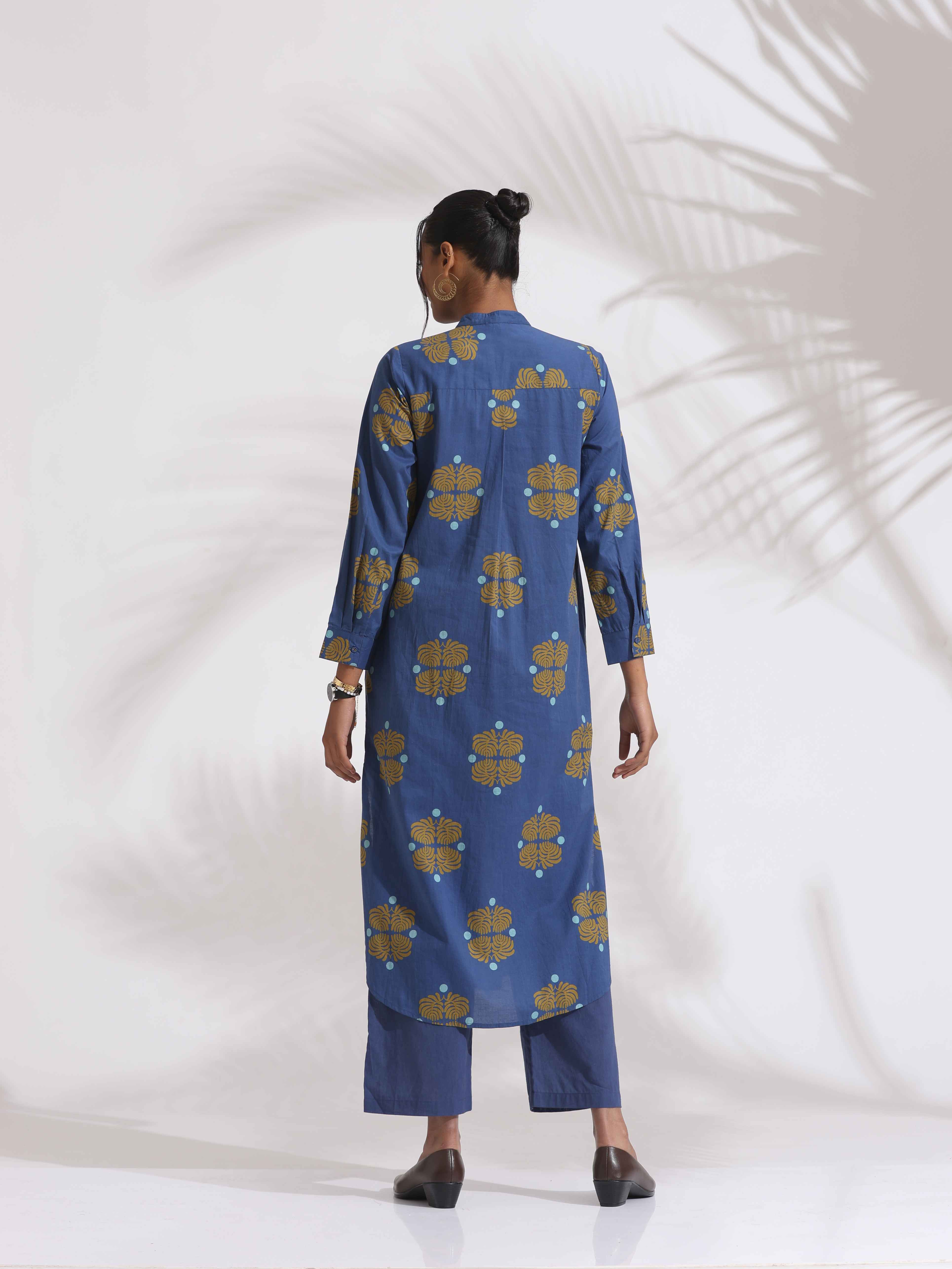 trueBrowns Blue Cotton Print Pleated Kurta Set