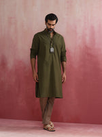 Thumbnail for trueBrowns Men's Olive green Mandarin Collar Kurta - Distacart