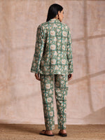 Thumbnail for trueBrowns Fern Green Overall Floral Block Print Cotton Pant Suit Set - Distacart