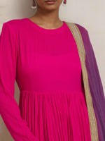 Thumbnail for trueBrowns Pink Crinkle Anarkali Kurta Pant Dupatta Set - Distacart