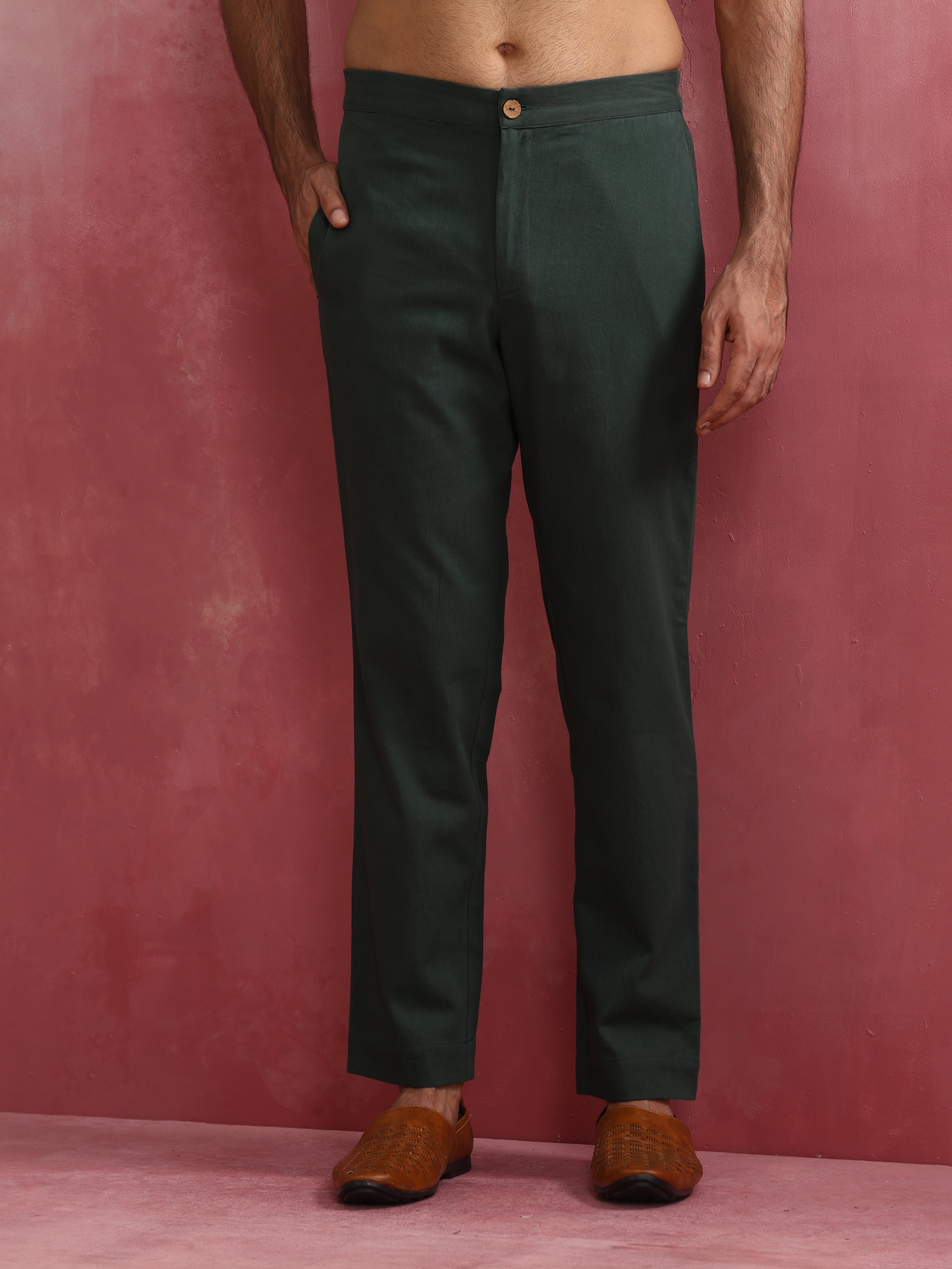 trueBrowns Men's Green Cotton Mandarin Collar Kurta Co-ord set