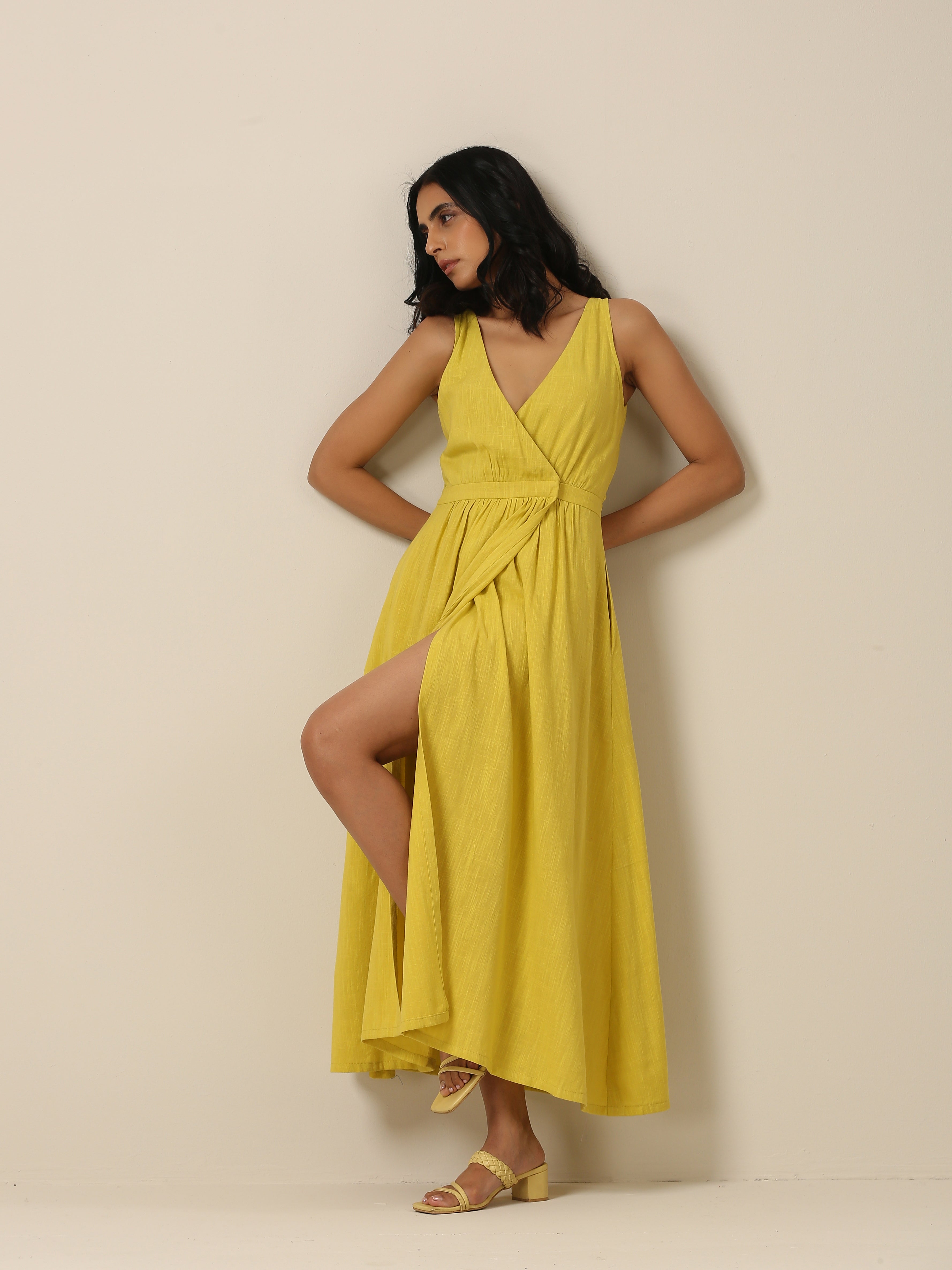 trueBrowns Lime Slub Texture Sleeveless Wrap Dress - Distacart