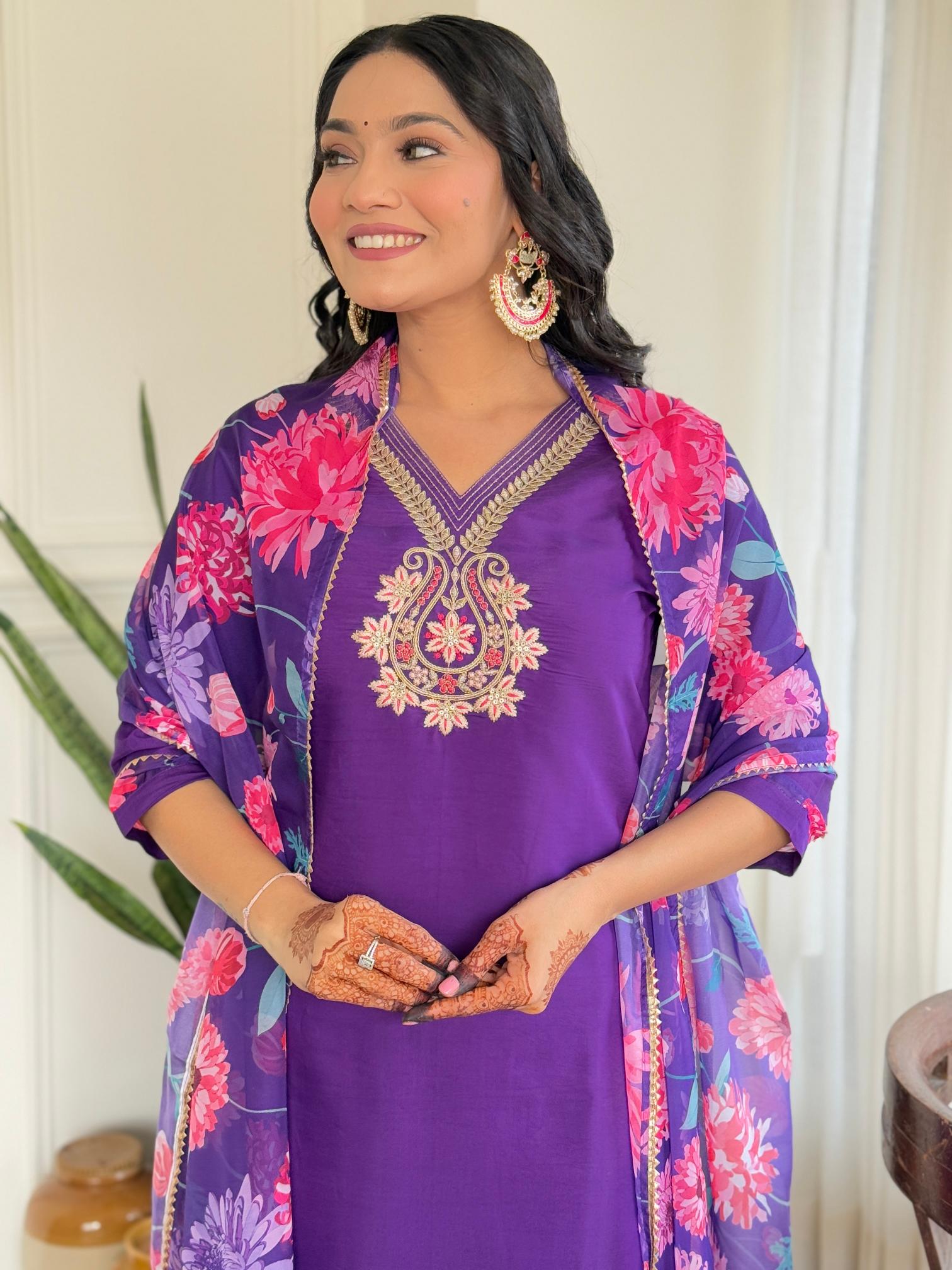 The52 Women's Beautiful Roman Silk Embroidered Straight Kurta with Pant And Dupatta Set