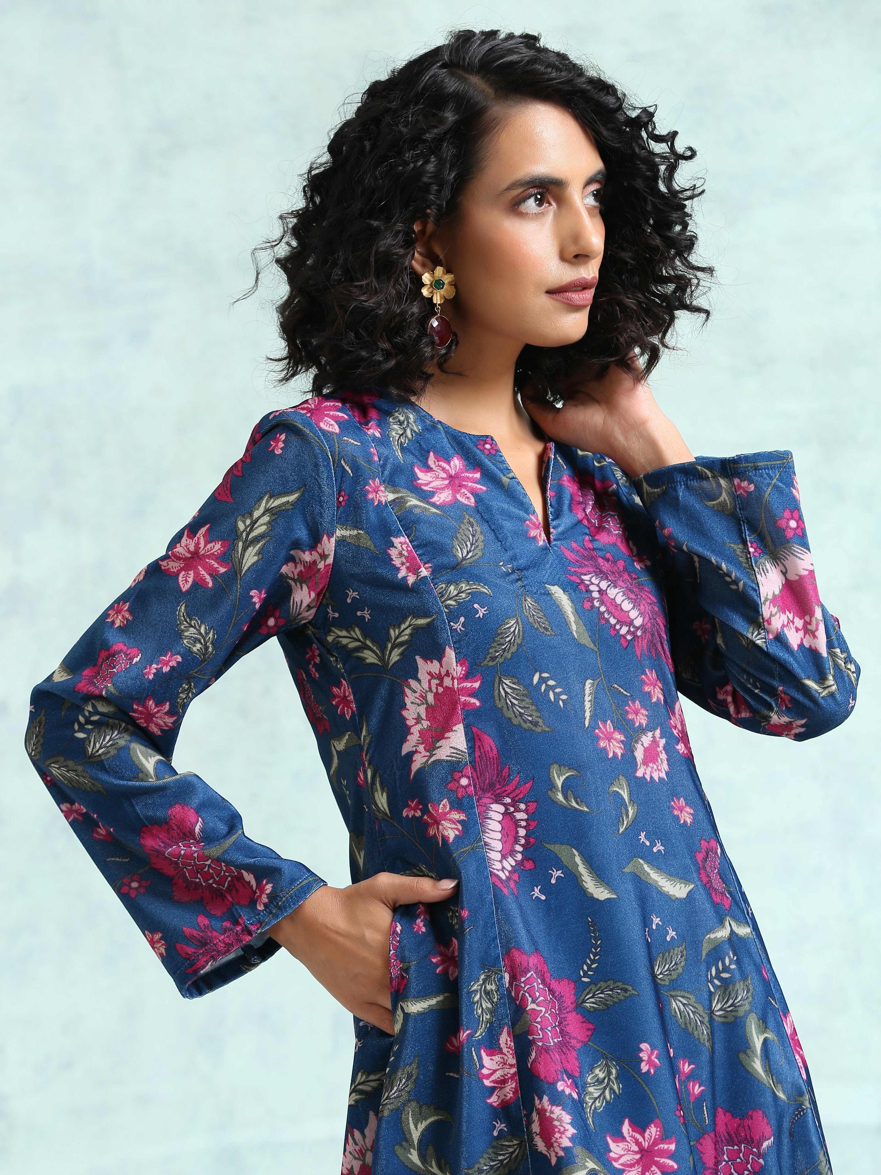 trueBrowns Blue Printed Velvet Co-Ord Set - Distacart