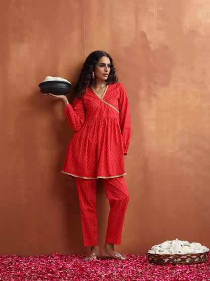 trueBrowns Red Print Angrakha Co-ord Set - Distacart