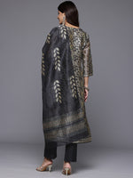 Thumbnail for Varanga Women Grey Floral Printed Round Neck Straight Kurta Paired With Bottom And Printed Dupatta - Distacart