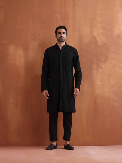 trueBrowns Men's Black Textured Cotton Dobby Front Open Kurta - Distacart