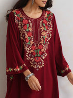 Thumbnail for trueBrowns Maroon Kashmiri Embroidered Woollen Phiran Kurta - Distacart