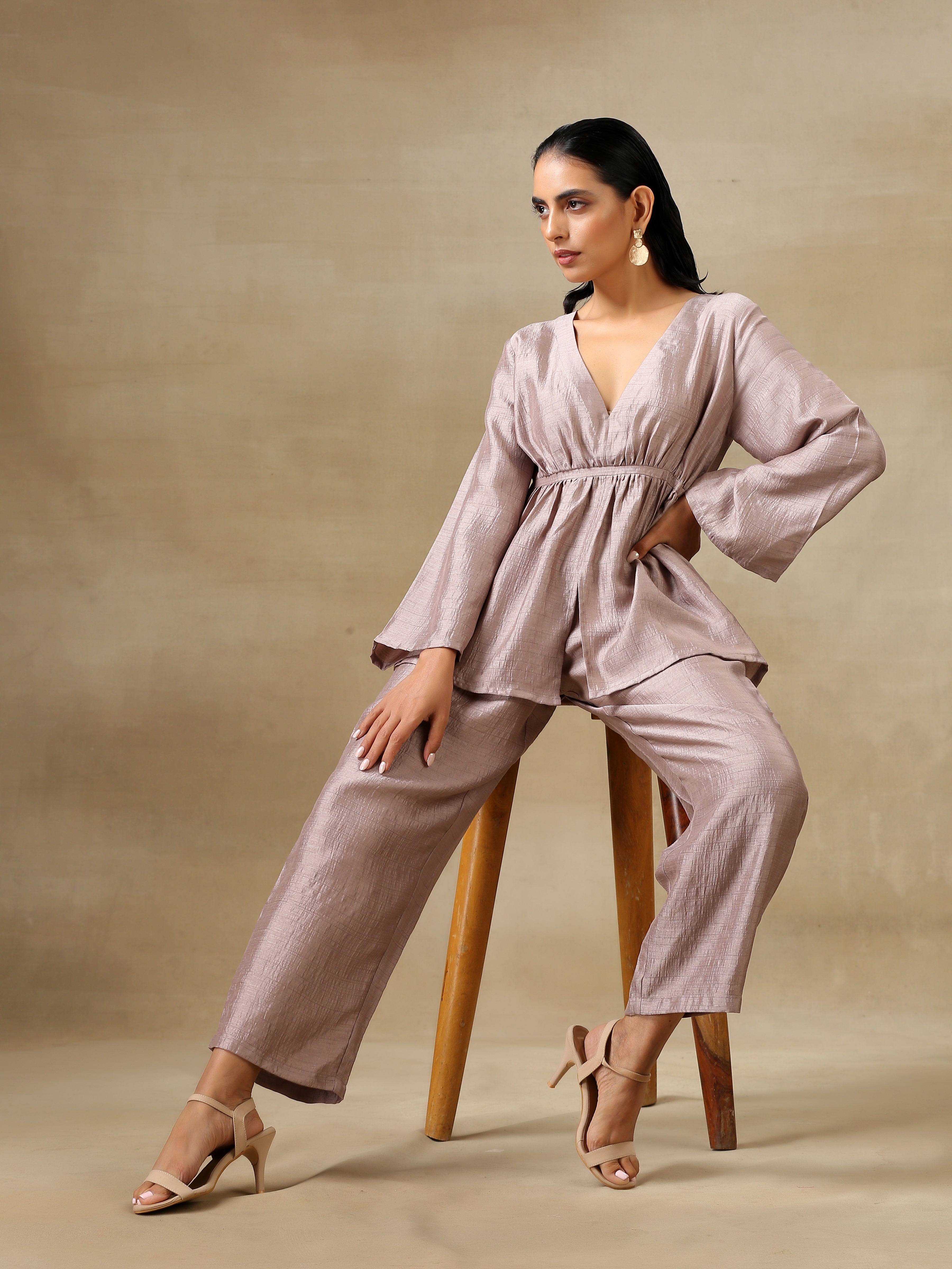 trueBrowns Grey Textured Silk Deep V-Neck Co-Ord Set - Distacart