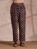 Thumbnail for trueBrowns Black Floral Bagru Print Cotton Flared Kurta Pant Set - Distacart