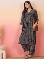 Thumbnail for InWeave Black Maroon Ajrakh Foil V Neck Flared Kurta Pant Set
