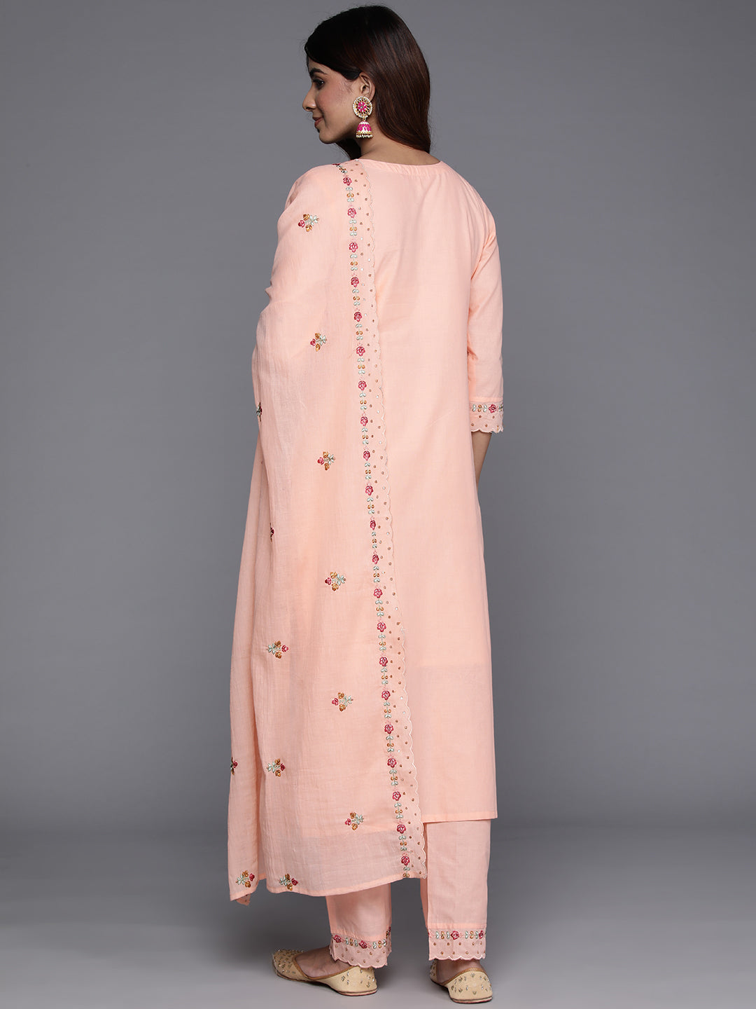 Varanga Women Peach Thread And Sequins Embroidered Kurta With Tonal Bottom And Dupatta