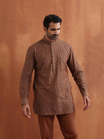 Thumbnail for trueBrowns Men's Brown Cotton Dobby Short Kurta