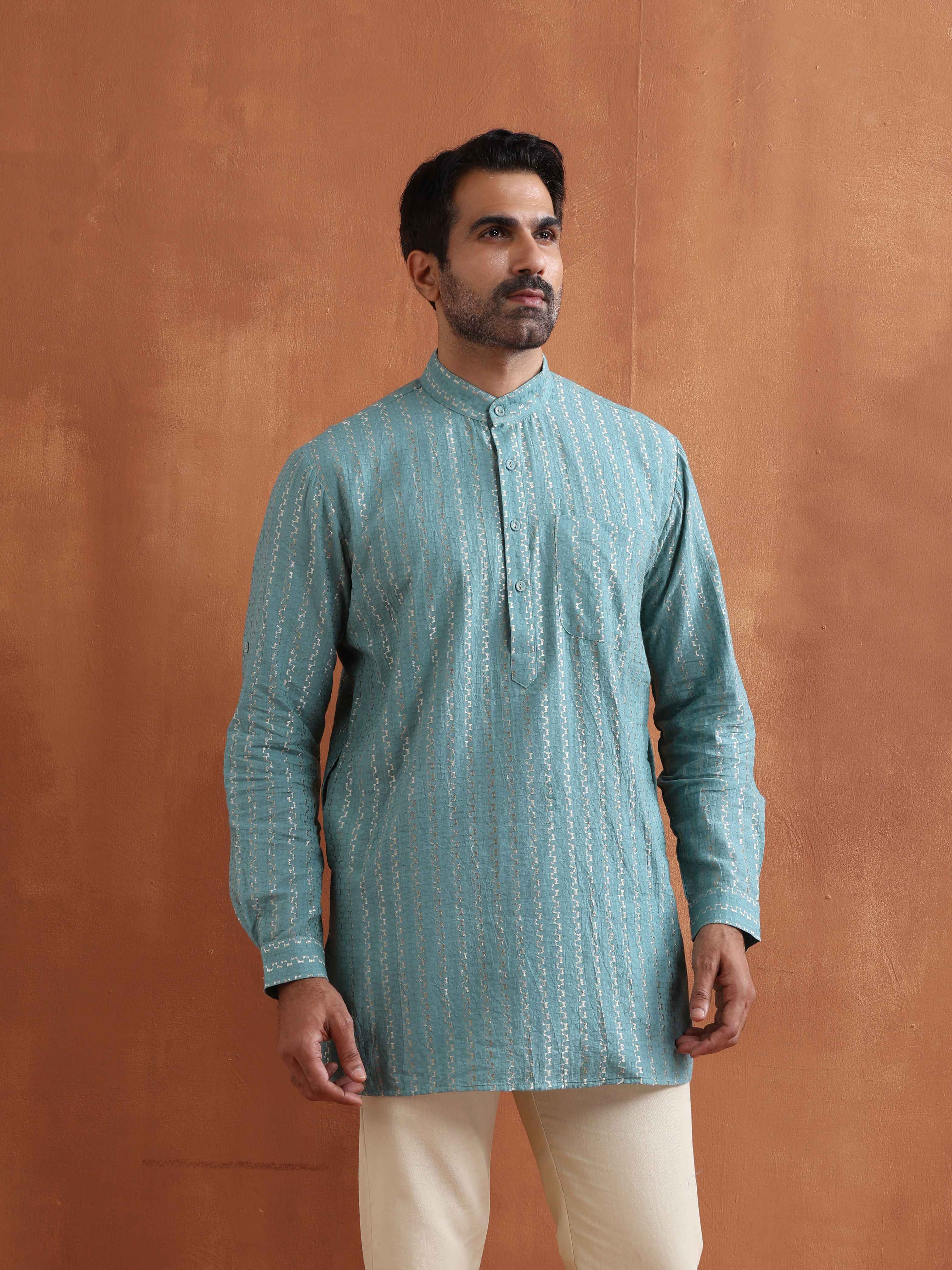 trueBrowns Men's Green Cotton Dobby Short Kurta