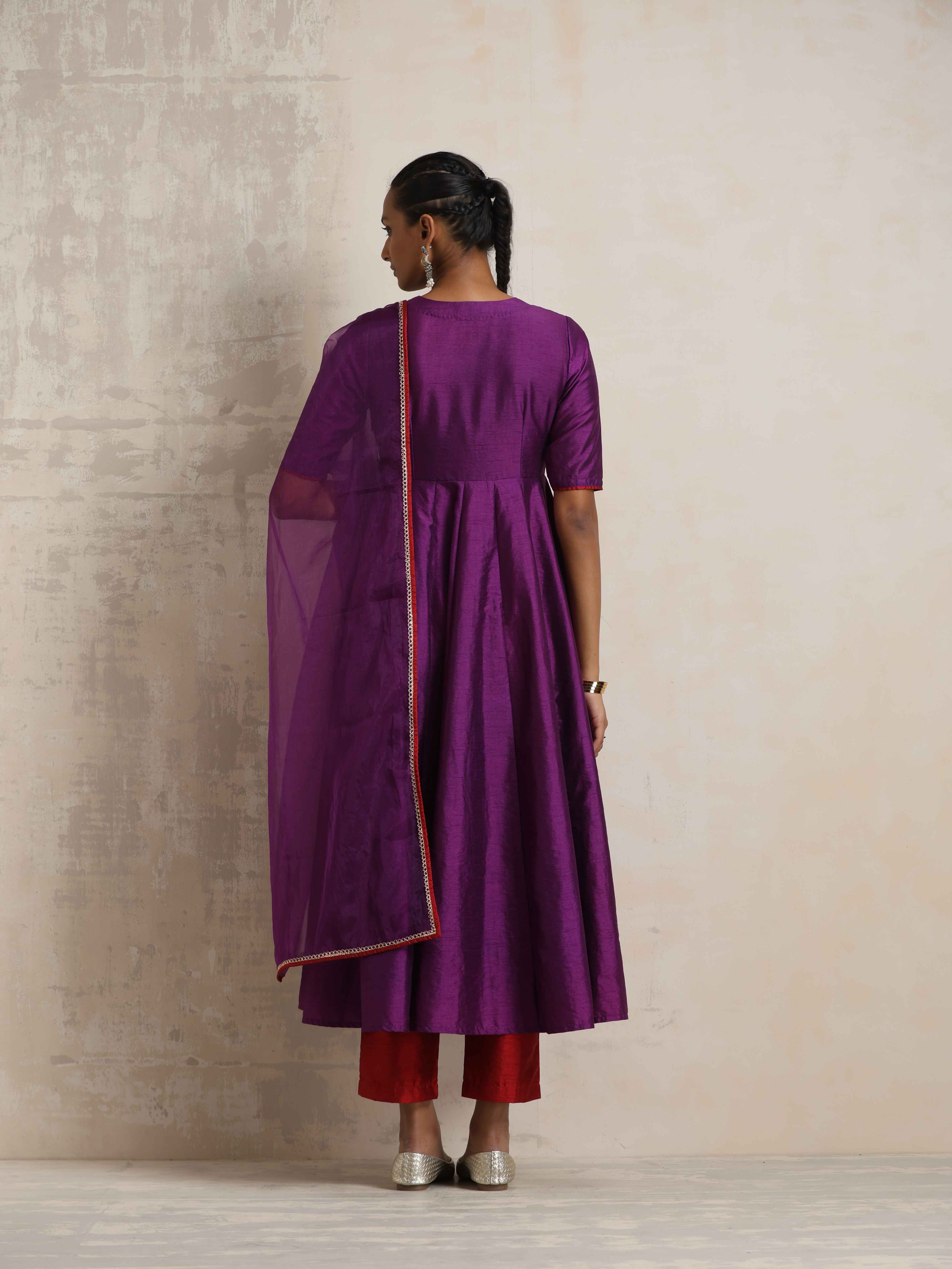 trueBrowns Purple Silk Anarkali Kurta Pant Dupatta Set - Distacart