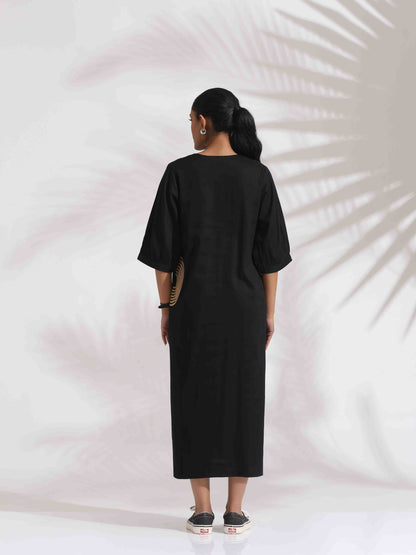 trueBrowns Black Cotton Embroidered Dress - Distacart