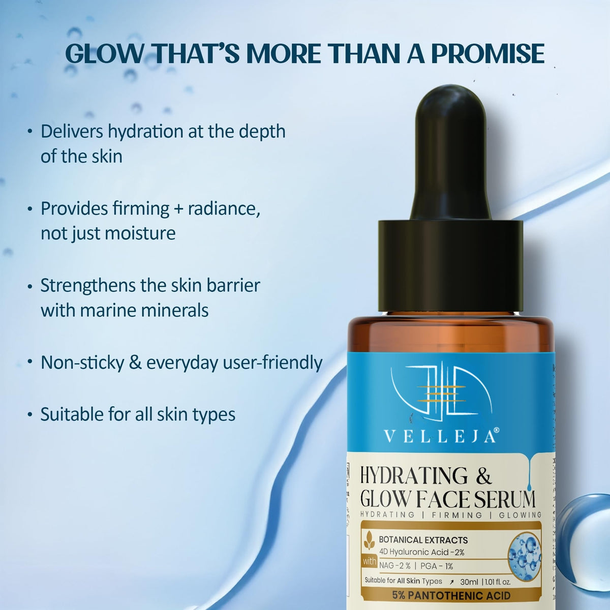 Velleja Hyaluronic Acid Hydrating & Glow Face Serum|48-Hour Moisture Lock|Plumping, Firming & Lightweight Serum for Extra Dry Skin - Dista